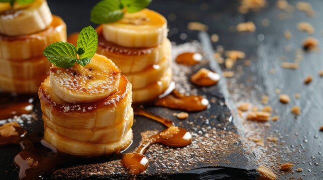 Simple yet elegant image highlighting desserts adorned with luscious caramelized banana slices