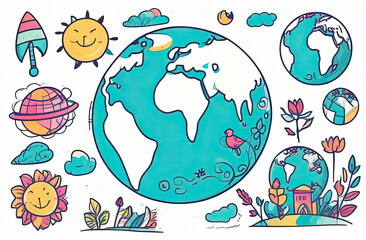 Fototapeta premium Planet Earth illustration, cartoon, water planet earth, living planet. Save the Planet Concept. Happy Earth Day.