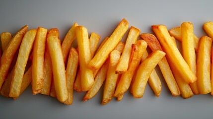 Minimalist photo capturing golden, crispy fries arranged neatly on a clean surface