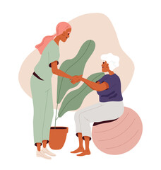 Caring for elderly person concept. Nurse help old woman. Health care and medicine, treatment. Kindness and charity. Cartoon flat vector illustration isolated on white background