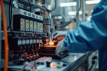 Close-up of a battery testing device and an engineer's hands in rubber gloves. Battery testing lab in a laptop production factory. Strict technical control during the production of gadgets.