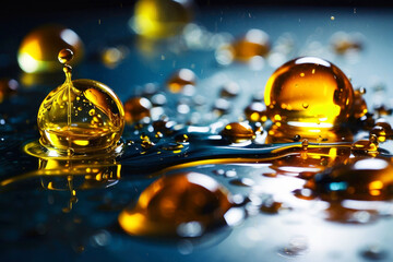 Yellow drops of oil dripping from above on a dark background. Rainbow highlights on transparent elements, liquid.