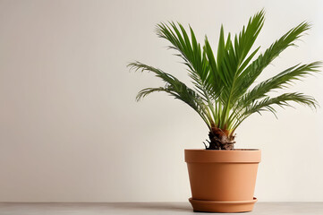 A flower in a pot on a light background, a palm tree in a pot. Copy space, space for text.