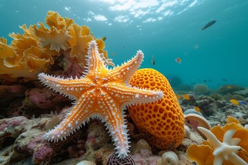 A colorful sea star and delicate coral thrive in the vibrant underwater world of the reef, showcasing the beauty and diversity of marine invertebrates in their natural habitat