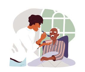 Fototapeta premium Caring for elderly person concept. Girl help old man at bed. Health care and medicine, treatment. Graphic element for website. Cartoon flat vector illustration isolated on white background
