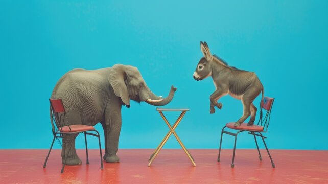 elephant and a donkey, symbols of the Republican and Democratic parties, engaging in a political debate on chairs