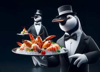 A Penguin in a Tuxedo Acting as a Waiter, Serving Seafood on a Platter. Elegant Side Composition on a Black Background with Copyspace.