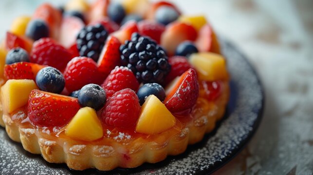 Simple yet enchanting image capturing the fantasy-like appeal of a fruit-topped pastry