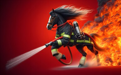 A Horse Dressed as a Firefighter, Heroically Carrying a Hose and Extinguishing Flames. Courageous Side Composition on a Red Background with Copyspace.