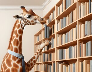 A Giraffe in a Necktie Reaching for Books on a High Shelf in a Library. Intellectual Side Composition on an Ivory Background with Copyspace.