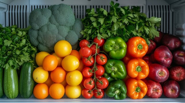 Minimalist photo featuring neatly arranged fruits and vegetables inside a refrigerator