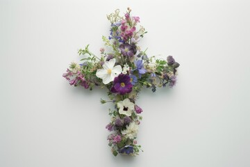 a cross covered with flowers some with blue Generative AI