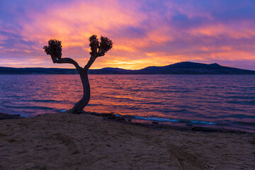 Lake landscape after sunset. Novomlynska reservoir - lower with a view of Palava