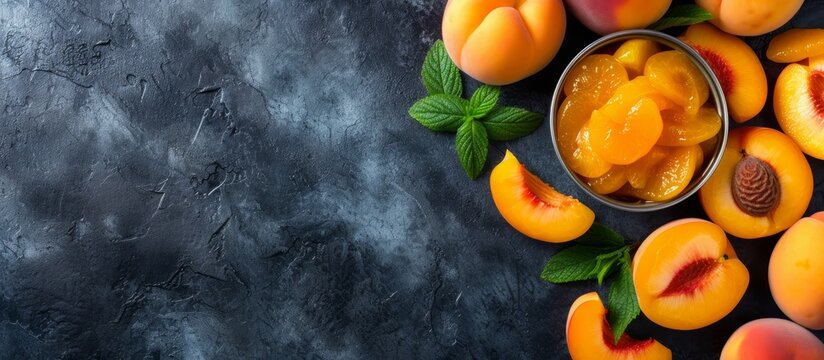 Textured background with canned peaches, apricot halves, yellow fruit dessert, nectarine compote, and orange peeled peach slices for text space.