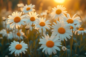 A sunny field filled with a vibrant group of white and yellow flowers, including oxeye daisies, chamomile, and heath asters, creates a picturesque scene of natural beauty and joy - obrazy, fototapety, plakaty