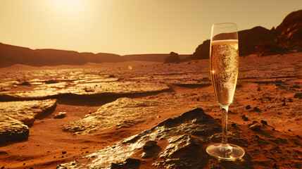 Cinematic wide angle photograph of a glass of champagne in mars. Product photography. Advertising.