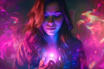 Obraz na płótnie Canvas Woman with glowing chakra on purple background