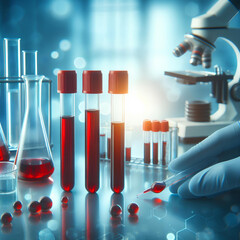 test tubes with blood sample on blurred medical laboratory background - obrazy, fototapety, plakaty