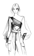 Fashion sketch, fashion design of an outfit. Black lines against a transparent background. Contains current fashion themes like transparency, belly free, high waist.