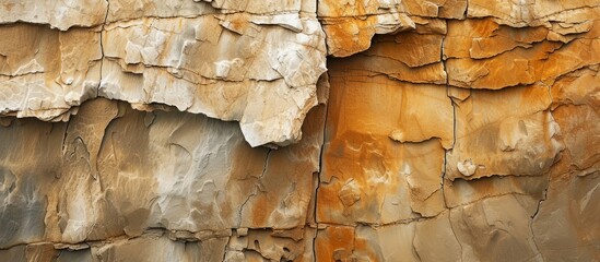 Stock photo of natural sandstone cliff with textured surface in shades of brown, beige, and ocher.