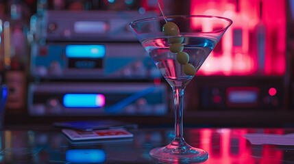 Cinematic wide angle photograph of a martini glass with an olive in a 90s video cassette rental club. Product photography. Advertising. - obrazy, fototapety, plakaty