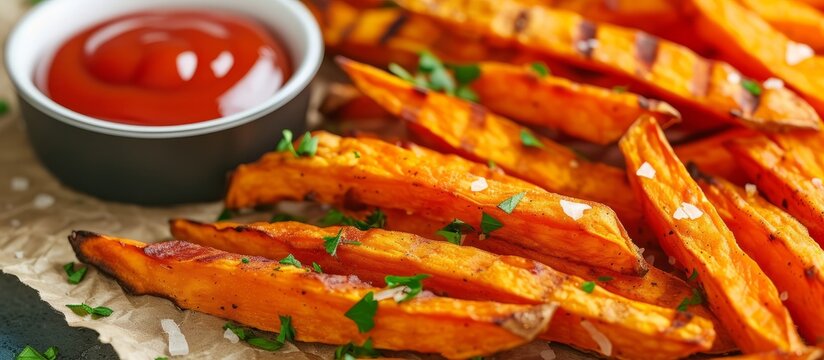 The Dish Consists Of Sweet Potato Fries Served With A Side Bowl Of Ketchup, A Popular Condiment For This Cuisine.