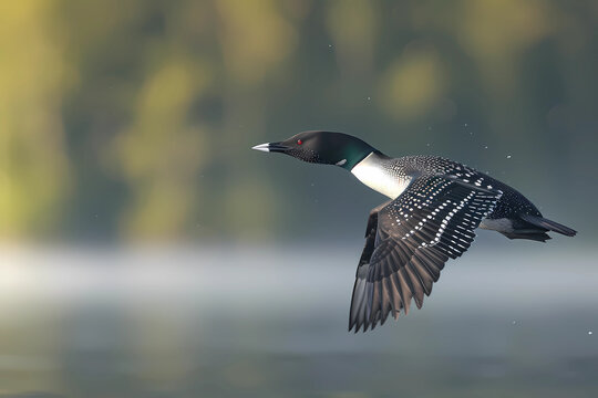 The Common Loon showcases its majestic wingspan, gracefully gliding through the air, embodying the epitome of avian elegance as it soars with effortless beauty and poise