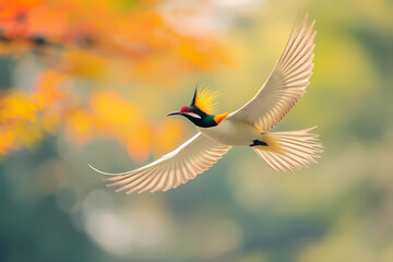 In a mesmerizing display of natural beauty, a resplendent Golden Pheasant Tern takes graceful flight, its vibrant plumage shimmering in the sunlight as it glides effortlessly through the sky