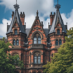 Obraz premium Victorian Gothic Architecture Amidst Lush Greenery