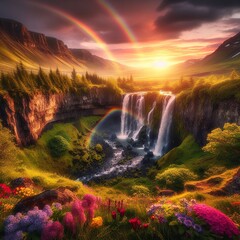 Rainbow over the waterfall. Fantastic fantasy landscape. Beautiful nature background. 