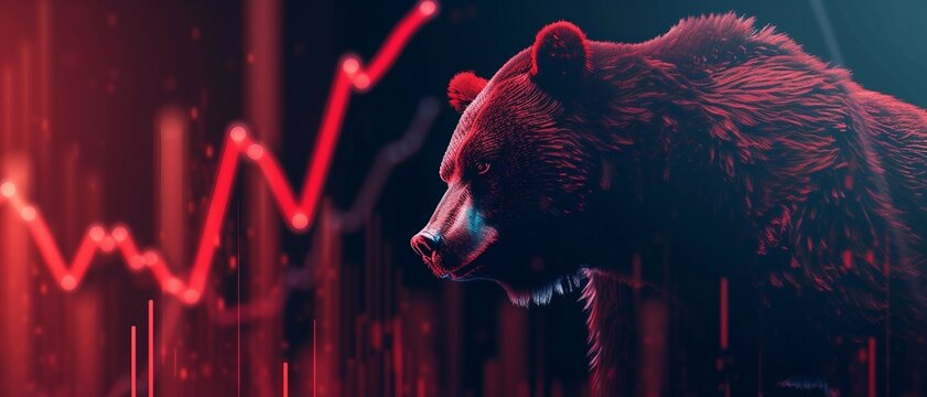 Bear Market Banner Design, a banner representing the despair of cryptocurrency values in a bearish market , on a  background of a trade exchange with red arrow graphs .