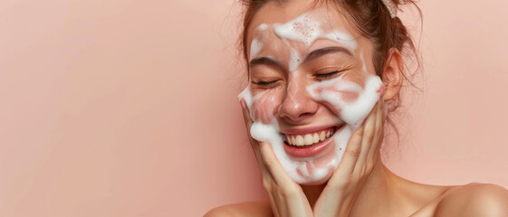 Joyful woman with a foamy cleanser on her face, relishing in her skincare routine