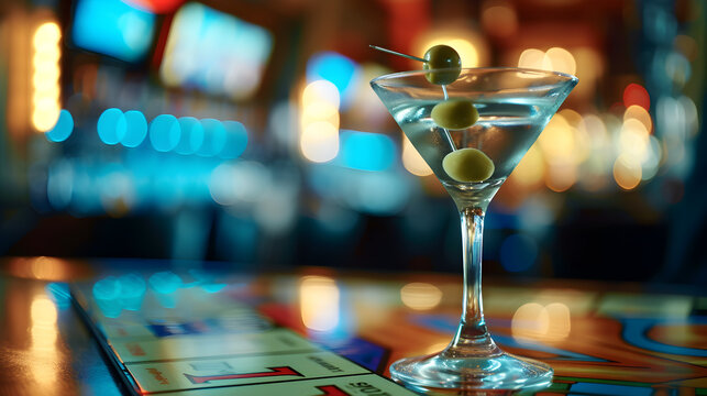 Cinematic wide angle photograph of a martini glass with an olive on a monopoly game table. Product photography. Advertising.