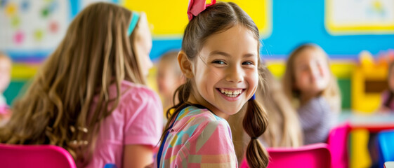Smiling girl in a vibrant classroom, embodying the joy of learning with peers