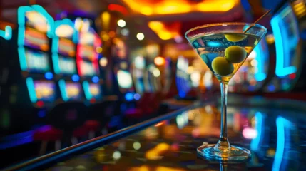 Fototapeten Cinematic wide angle photograph of a martini glass with an olive in a casino slot machines. Product photography. Advertising. © MadSwordfish
