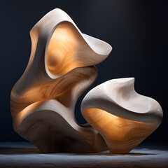 abstract sculpture made of wood and stone on a black background
