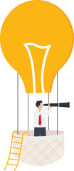 Finding a right direction to move, big idea to solve business problems, new opportunities, brainstorming to achieve success in the set goals, man looks through binoculars on a light bulb air balloon
