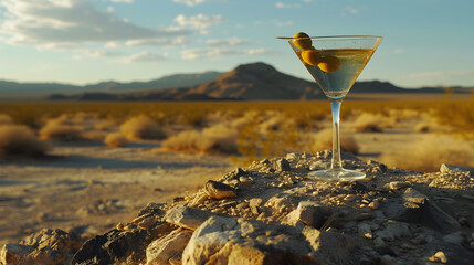 Cinematic wide angle photograph of a martini glass with an olive in a desert. Product photography. Advertising.