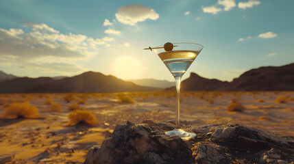 Cinematic wide angle photograph of a martini glass with an olive in a desert. Product photography. Advertising. - obrazy, fototapety, plakaty