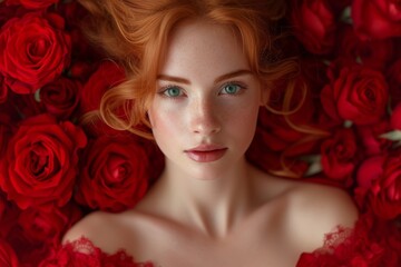A captivating red-haired beauty with vivid green eyes and freckles, surrounded by a sea of red roses, symbolizing celebration Valentine's Day