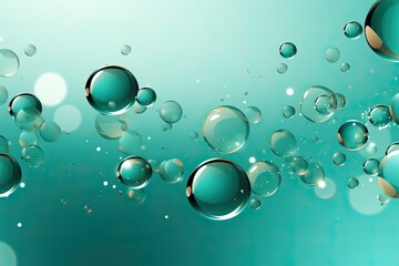 Close-up of transparent liquid drops on aquamarine background.