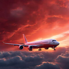 Fototapeta na wymiar Red sky and airplane