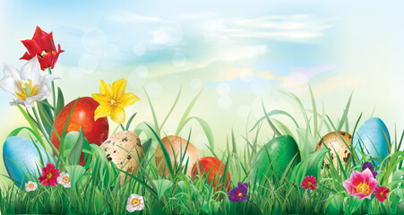 Easter eggs in the grass with flowers on the background of a spring landscape. Vector mesh illustration
