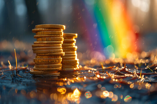 Stack of gold coins and rainbow on blurred background.  Festive backdrop for St. Patrick's Day, holiday or event. Greeting card, banner, poster, flyer with copy space