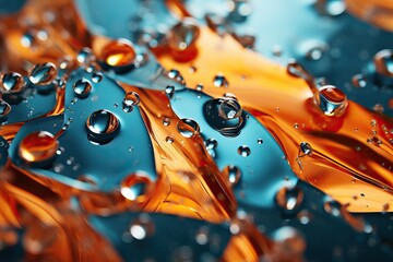 Abstract background with aquamarine and orange drops, macro water drop texture.