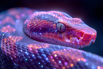 Neon wireframe illustration of a snake shedding its skin isotated on black background. Created with generative AI. - obrazy, fototapety, plakaty