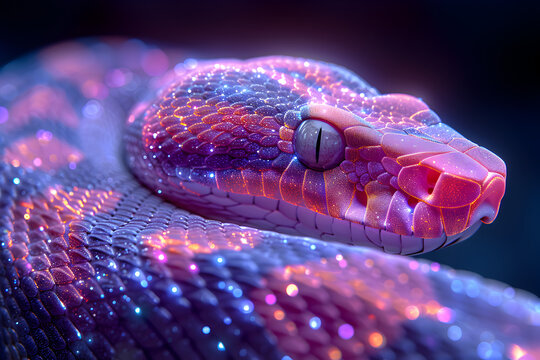 Neon wireframe illustration of a snake shedding its skin isotated on black background. Created with generative AI.