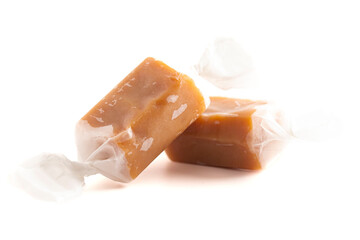 A Hand Wrapped Soft Caramel Candies  Isolated on a White Background