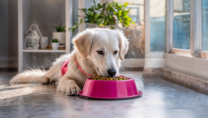 golden retriever puppy sitting on the floor and eating from bowl