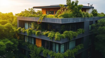 Modern eco-style urban house with vertical garden. Panoramic windows, modern finishing materials, landscape design. Contemporary architecture concept for private residential houses.